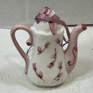 VTG Ceramic Delicate Floral Tea Pot Hanging Ornament Pink & White